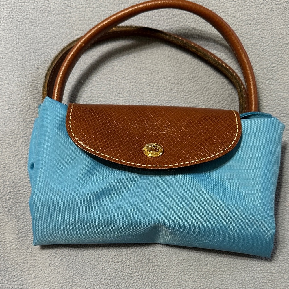 Longchamp Small Tote in Light Blue with Brown Leather Trim